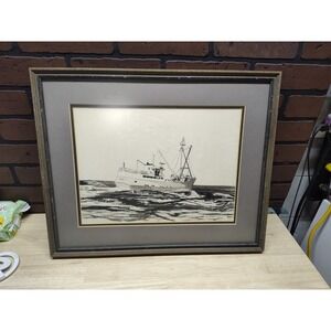 Pencil drawing print of a fishing trawler